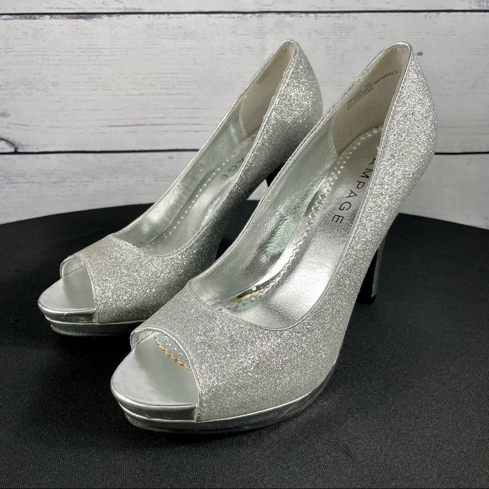 RAMPAGE Silver Glitter Platform Heels, Peep-toe style, NEW